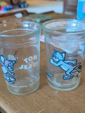 Tom and Jerry Cartoon Jelly Jar Cups- Blue and Pink Character Prints - Set of 2